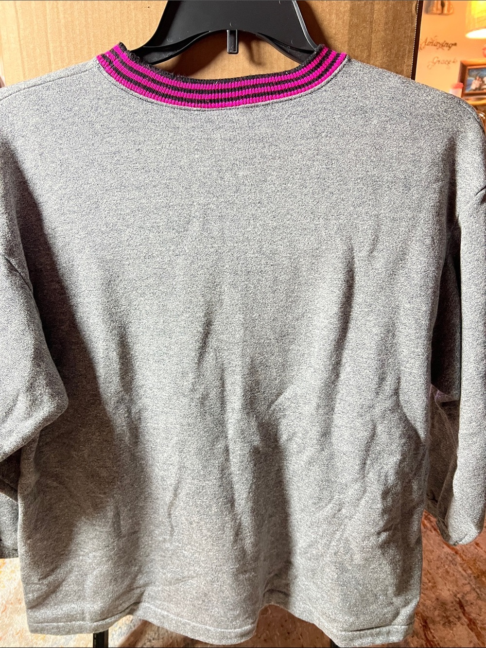 GUESS Gray Sweatshirt with Pink Logo and Striped Pink-Black Crew Neck - Picture 3 of 4